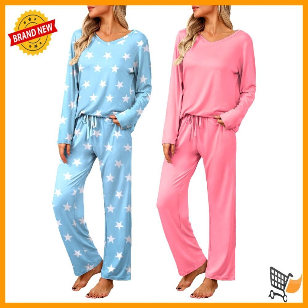 Soft Loungewear Pajama Set V-Neck Top Pants Pockets Stretchy Comfort Fit